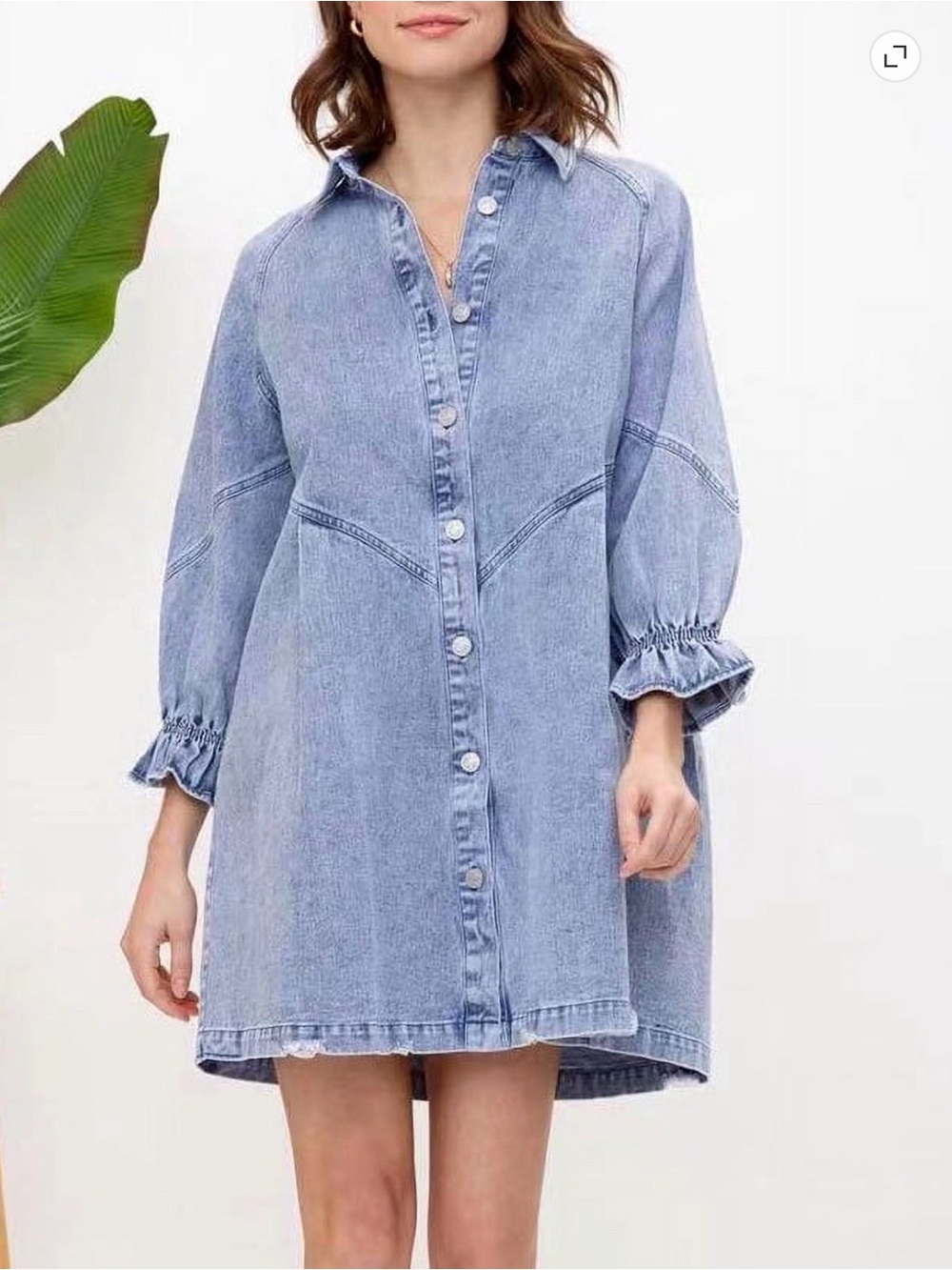 Light Blue Denim Mini Shirt Dress with Button Front